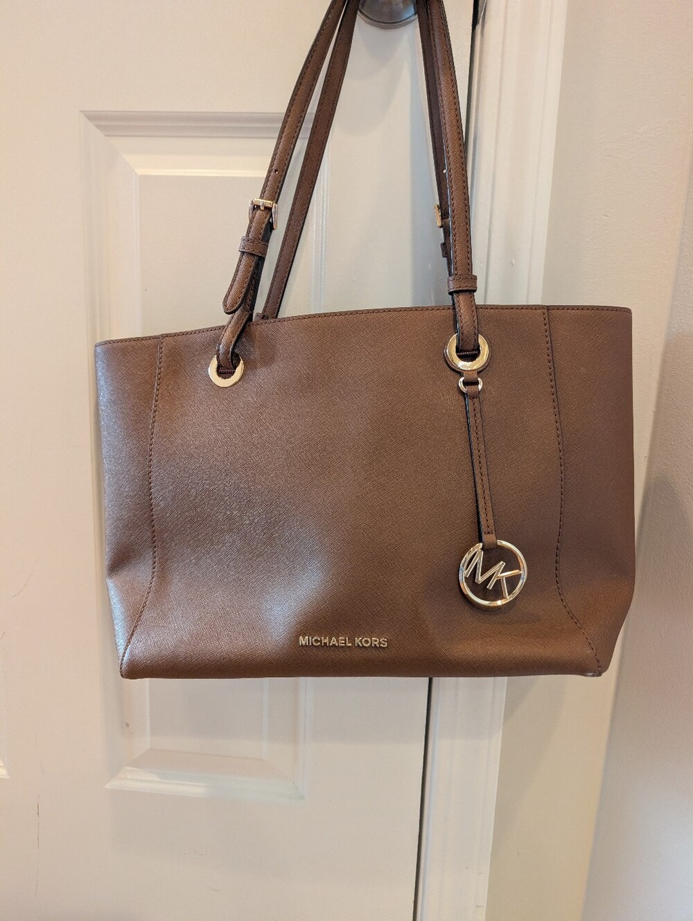 Michael Kors Saffiano Leather Tote in Brown with Gold Hardware